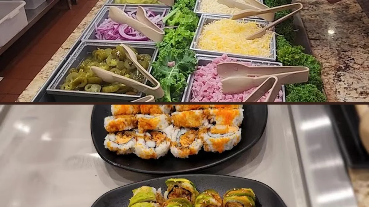 Mongolian grill station beside hot trays