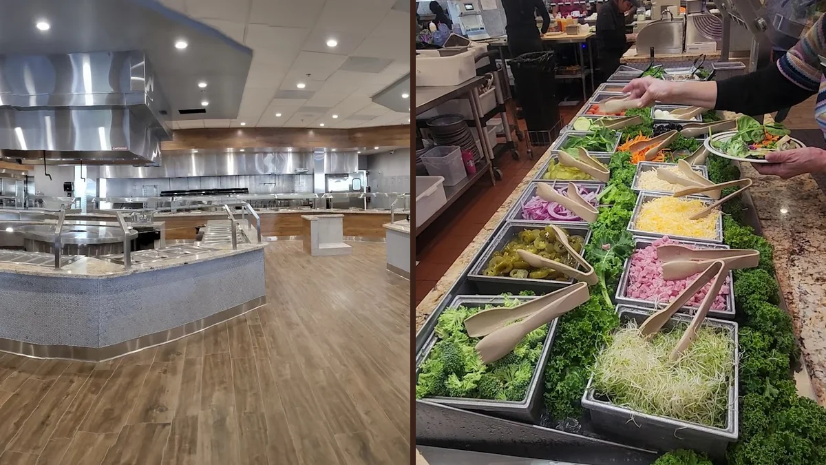 Dining room with rows of buffet stations