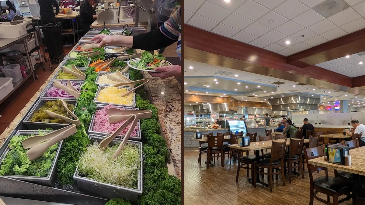 Dining room with rows of buffet stations